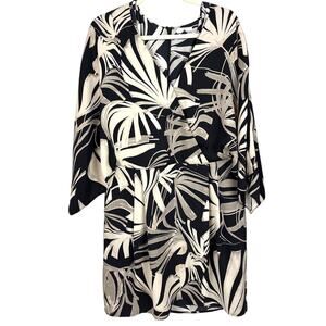 H By Halston Womens 14 Black Tan Palm Print V Neck Cap Sleeve Mini Dress NEW